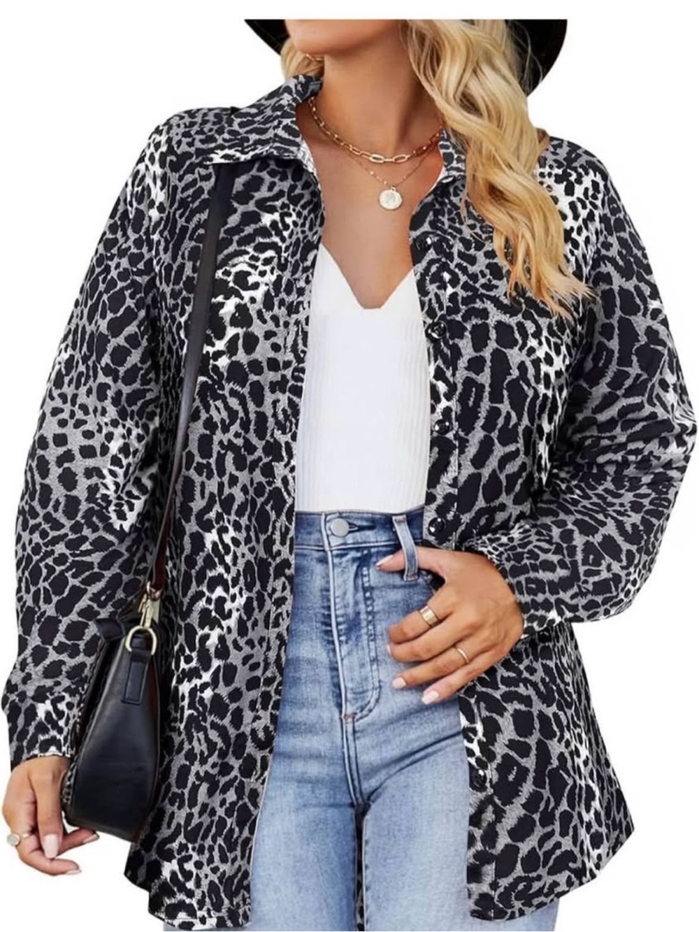 Leopard Print Button-Up Shacket - Dark blue & White Blouse